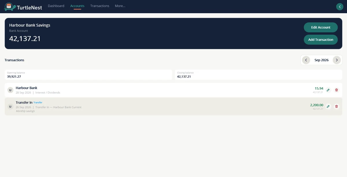 Harbour Bank Savings ledger for September 2026 with opening and closing balance and a running balance on each row