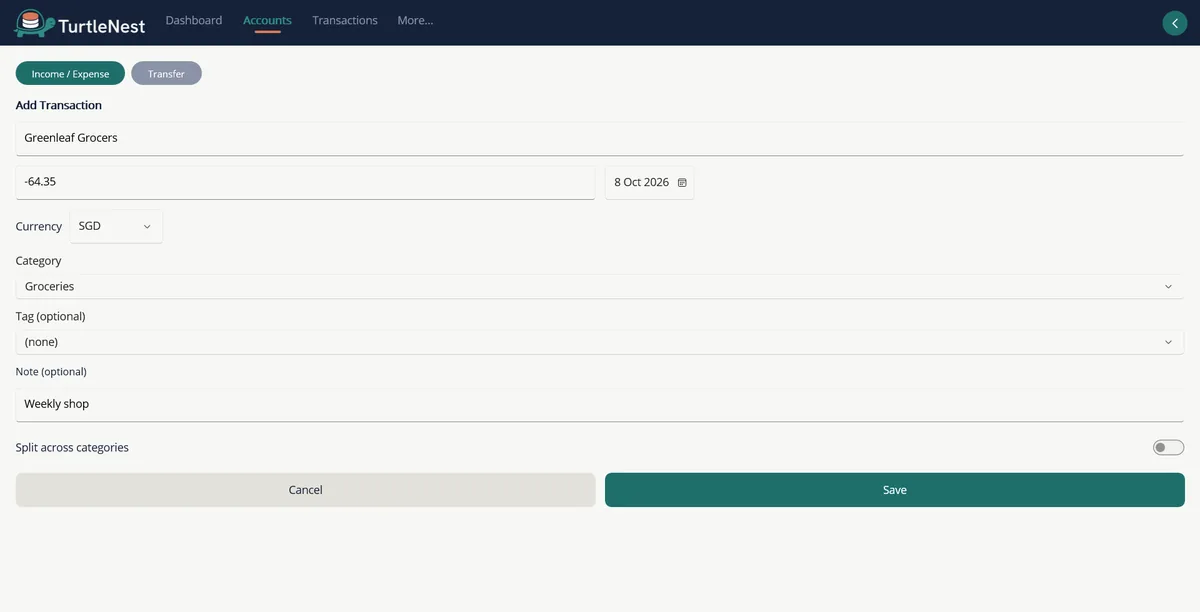 Add transaction form with payee, amount, category and note