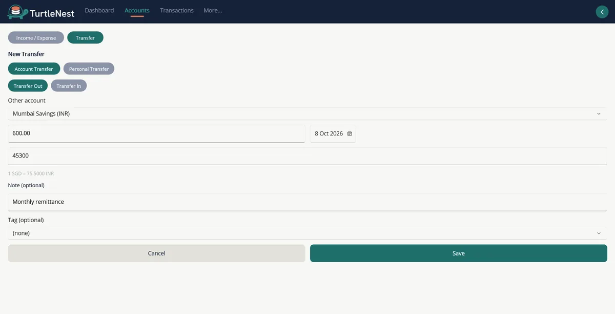 Transfer form moving Singapore dollars to an Indian rupee account with both amounts