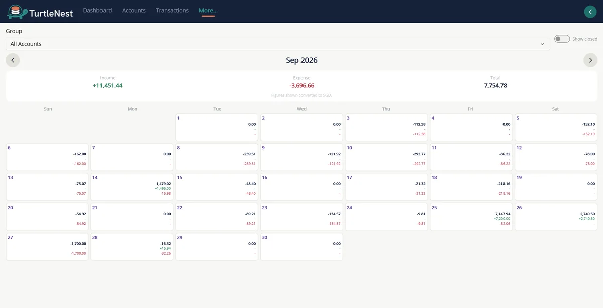 Calendar for September 2026 with daily income and expense