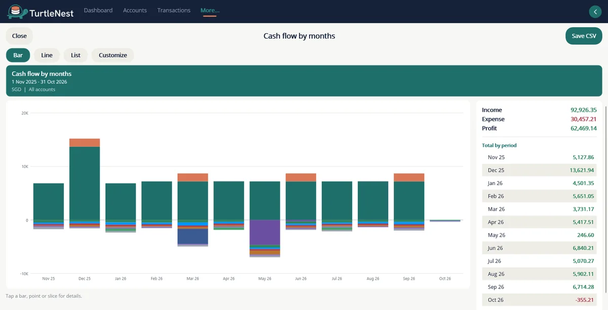 Cash flow by months for twelve months