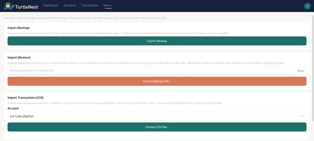 Database page with export backup, import restore and import transactions