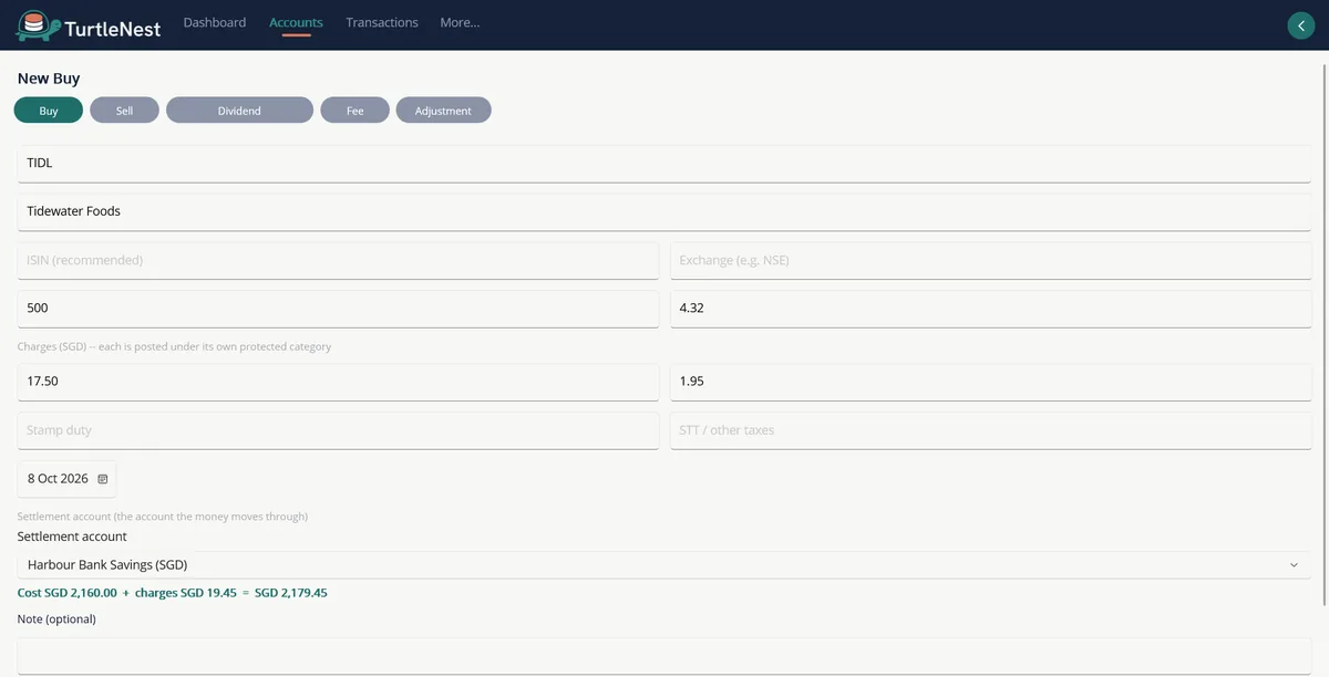 Add trade form for a share purchase with charges and settlement account