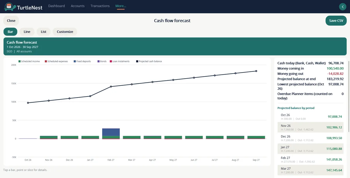 Cash flow forecast for the next twelve months with projected balance