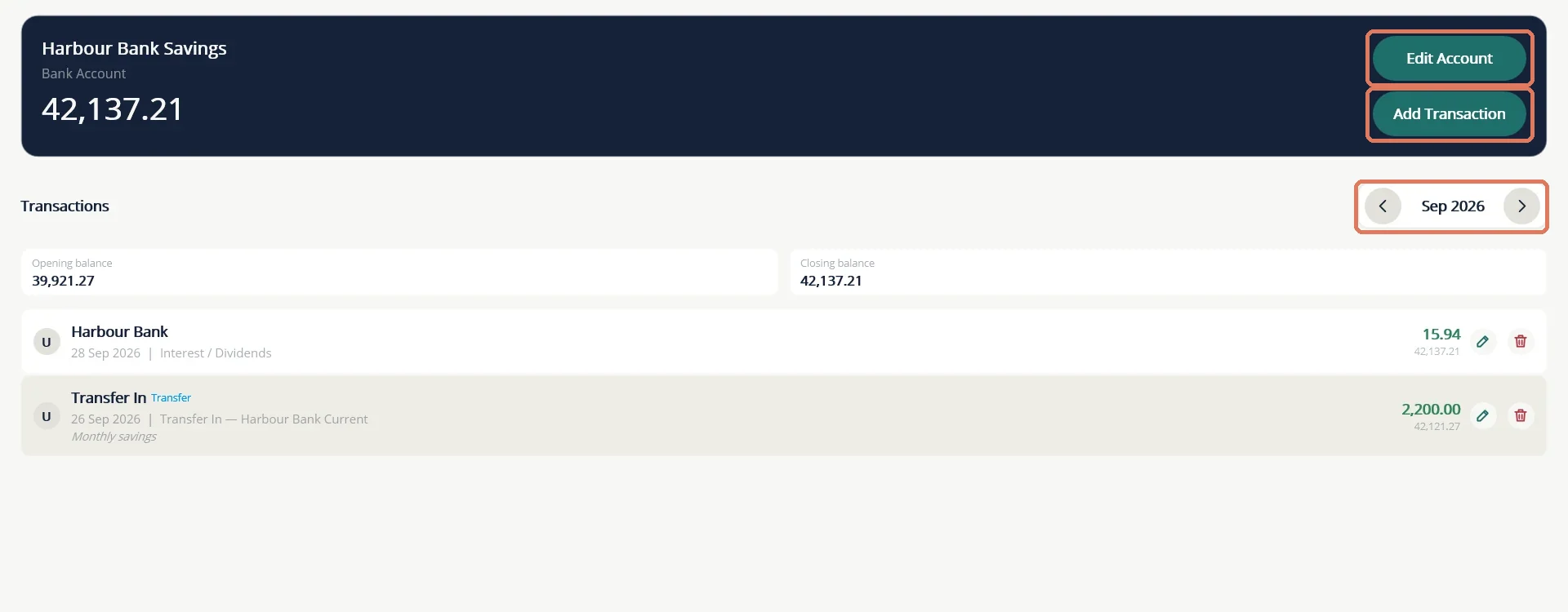 An account page. Edit Account and Add Transaction sit at the top, and the arrows move between months.