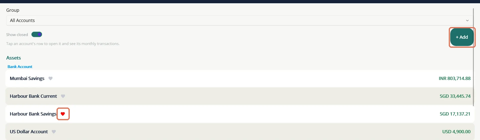 The Accounts tab. + Add creates an account. The heart marks a favourite.