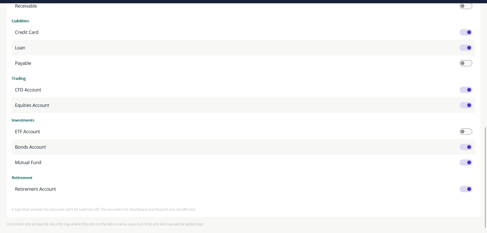 The Retirement Account switch in Settings, at the end of the Account types list.