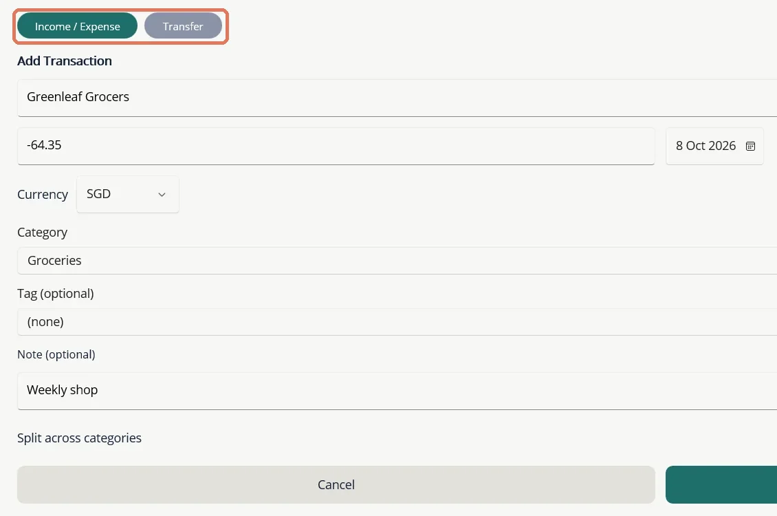 The Add Transaction form. The two tabs at the top switch between Income / Expense and Transfer.