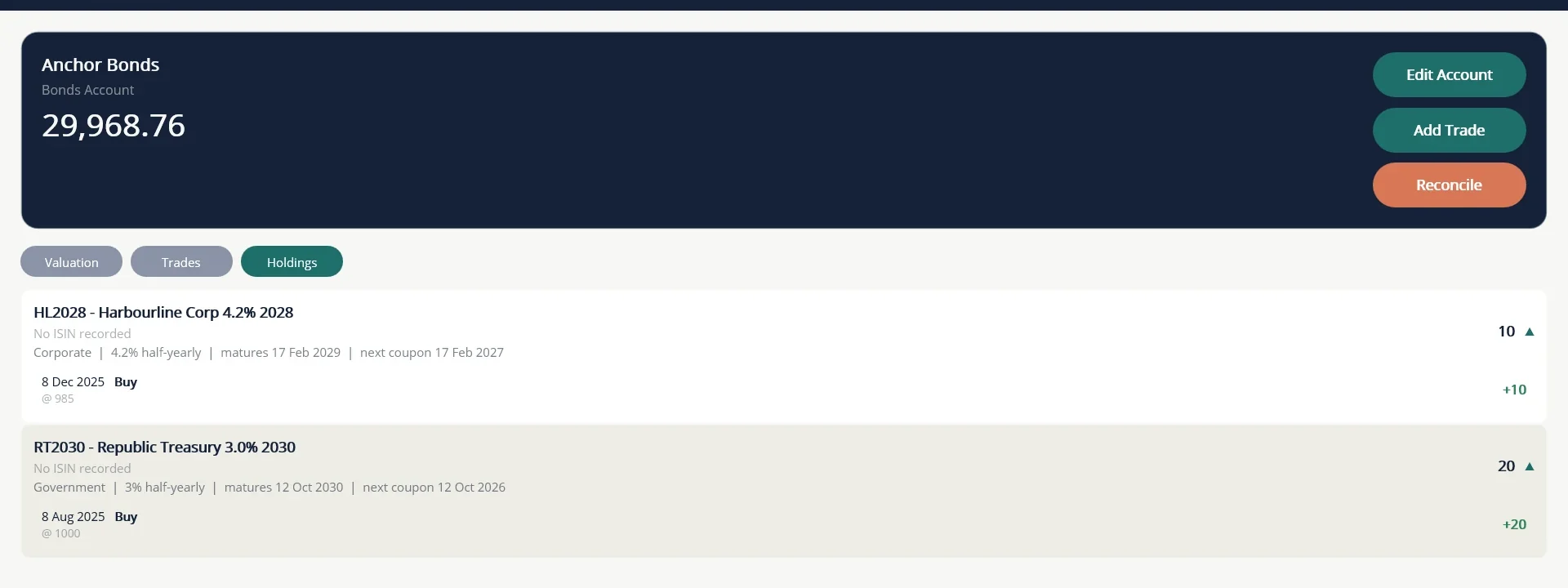 The Bonds Account Holdings tab shows each bond's units, coupon, maturity date and next coupon date.
