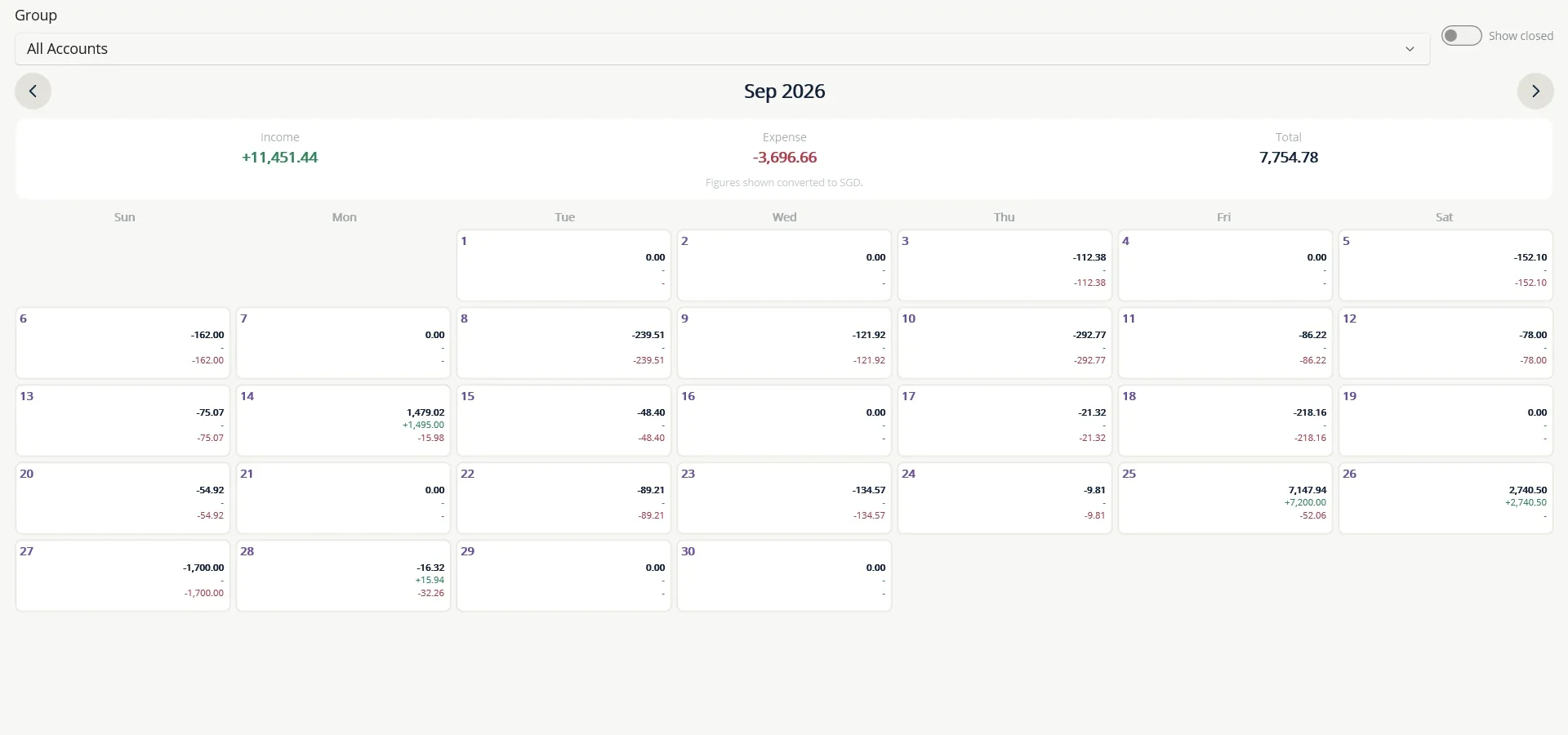 The Calendar shows income, expense and the day's total for every day of the month.