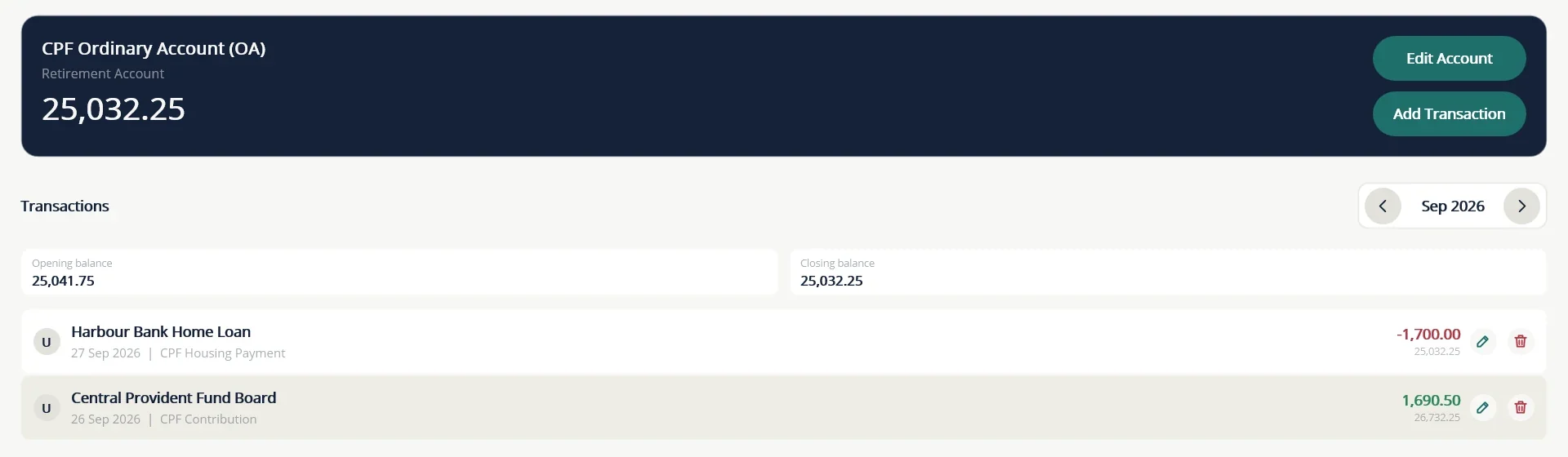 An Ordinary Account showing a monthly contribution and a housing payment, each with its own category.