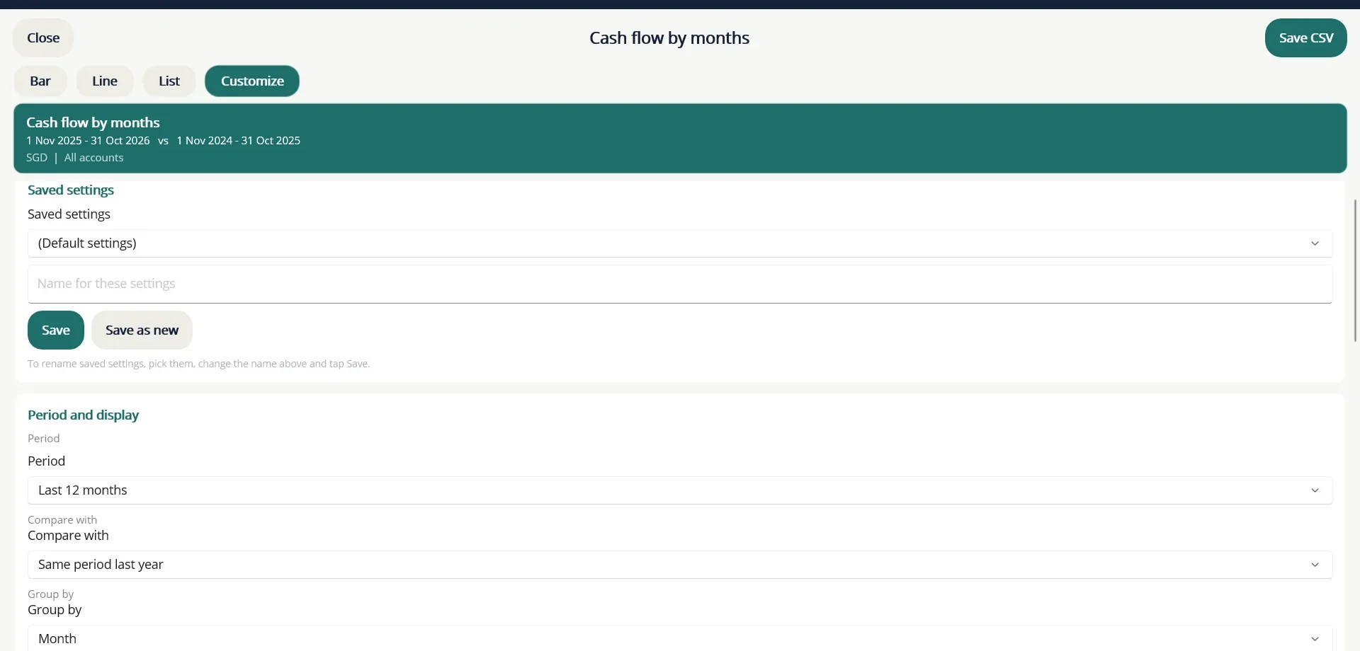 The Customize panel. Choose the period, compare with an earlier one, and group by month, quarter or year.