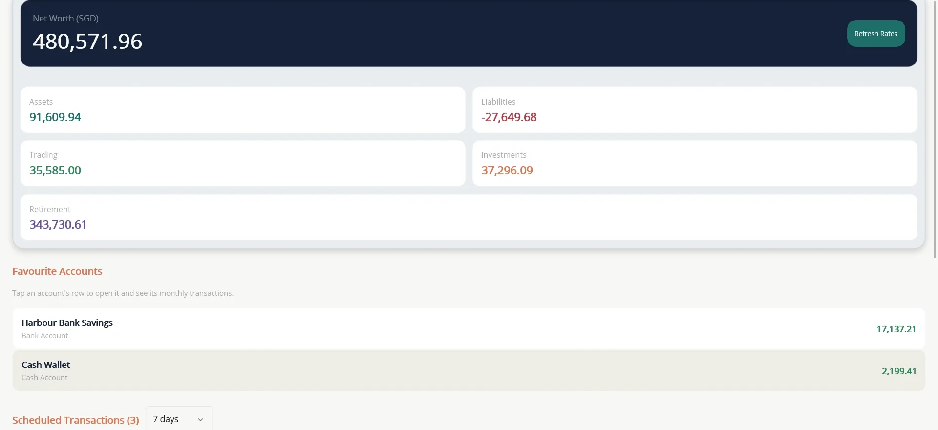 The Dashboard shows your net worth, the five buckets and your favourite accounts.