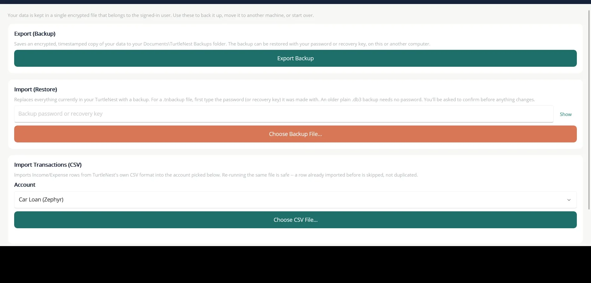 The Database screen: export a backup, restore one, or import transactions from a CSV file.