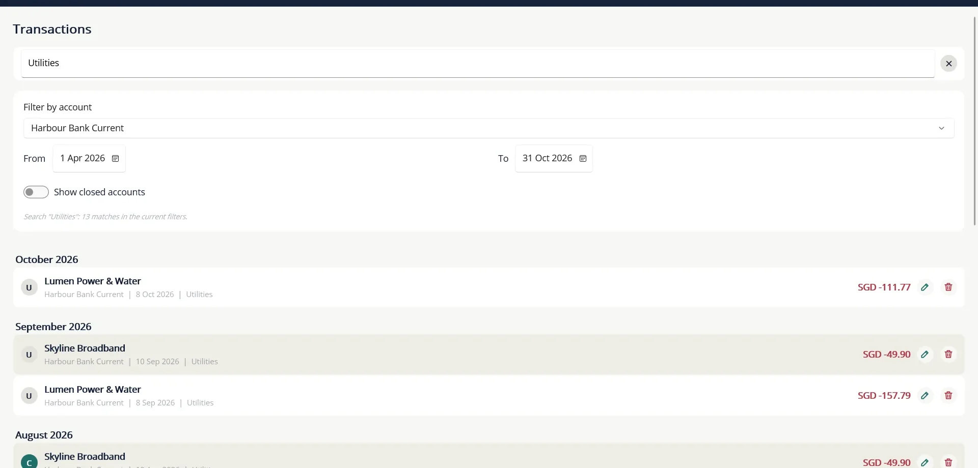 Search, choose an account and set a date range. The list shows month by month.