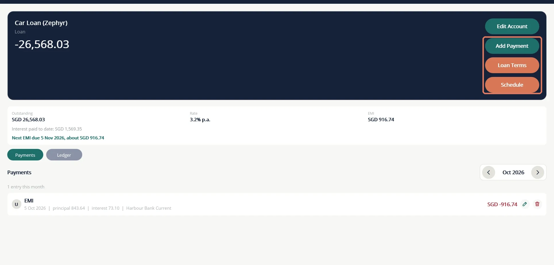 A loan page: outstanding balance, rate, EMI and the next due date, with Add Payment, Loan Terms and Schedule buttons.