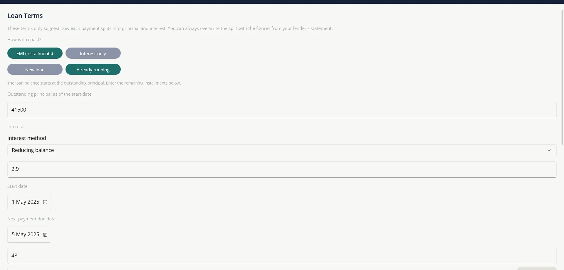 The Loan Terms screen. Enter the principal, rate, method, dates and number of instalments.