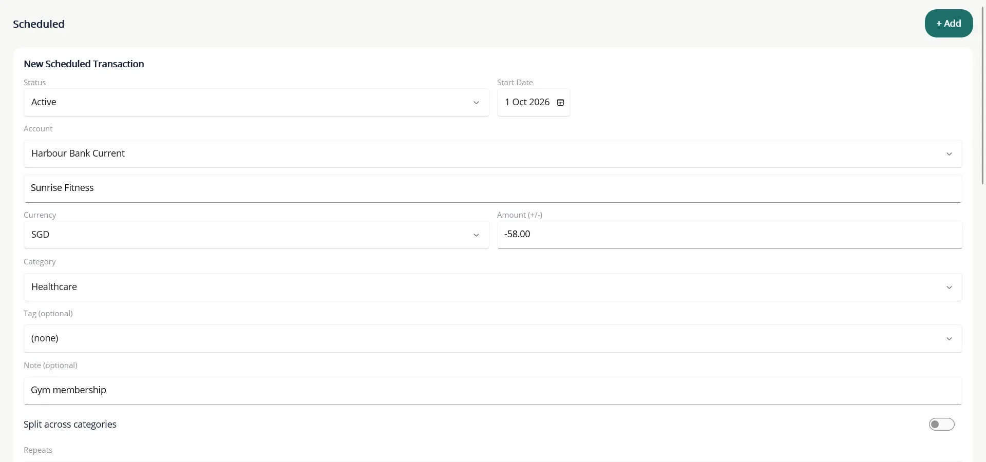 The scheduled transaction form uses the same fields as a normal transaction, plus a repeat pattern.