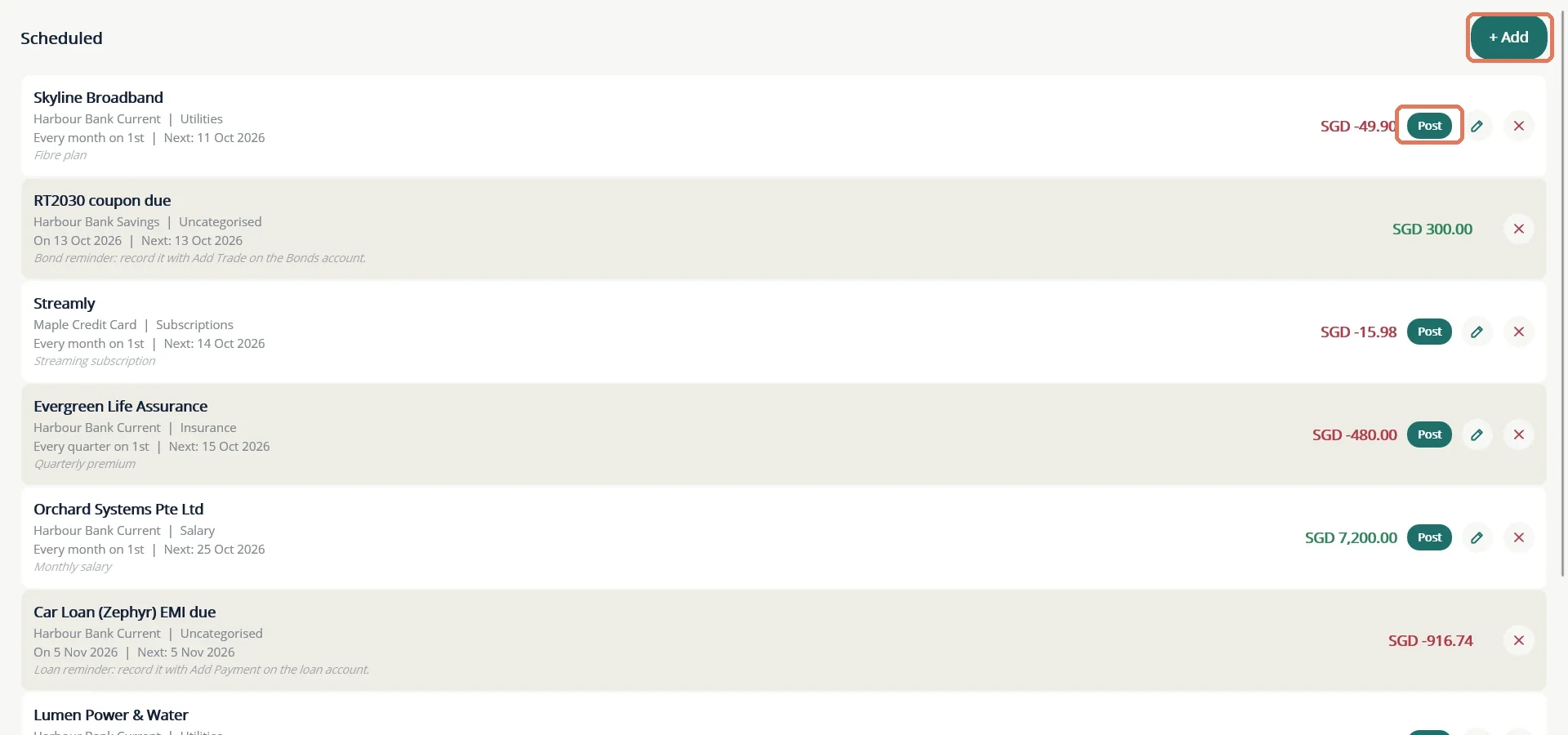 The Planner list. Post creates the transaction. Loan and bond reminders have no Post button, because they are recorded on their own screens.