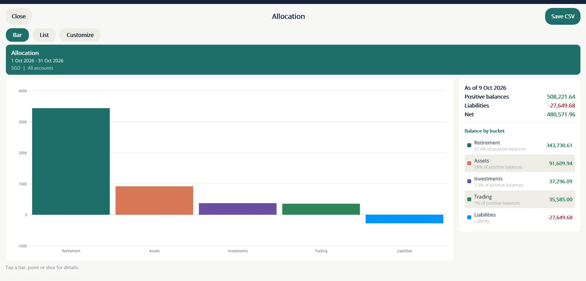 Allocation by account type. The panel on the right lists positive balances, liabilities and the net total.