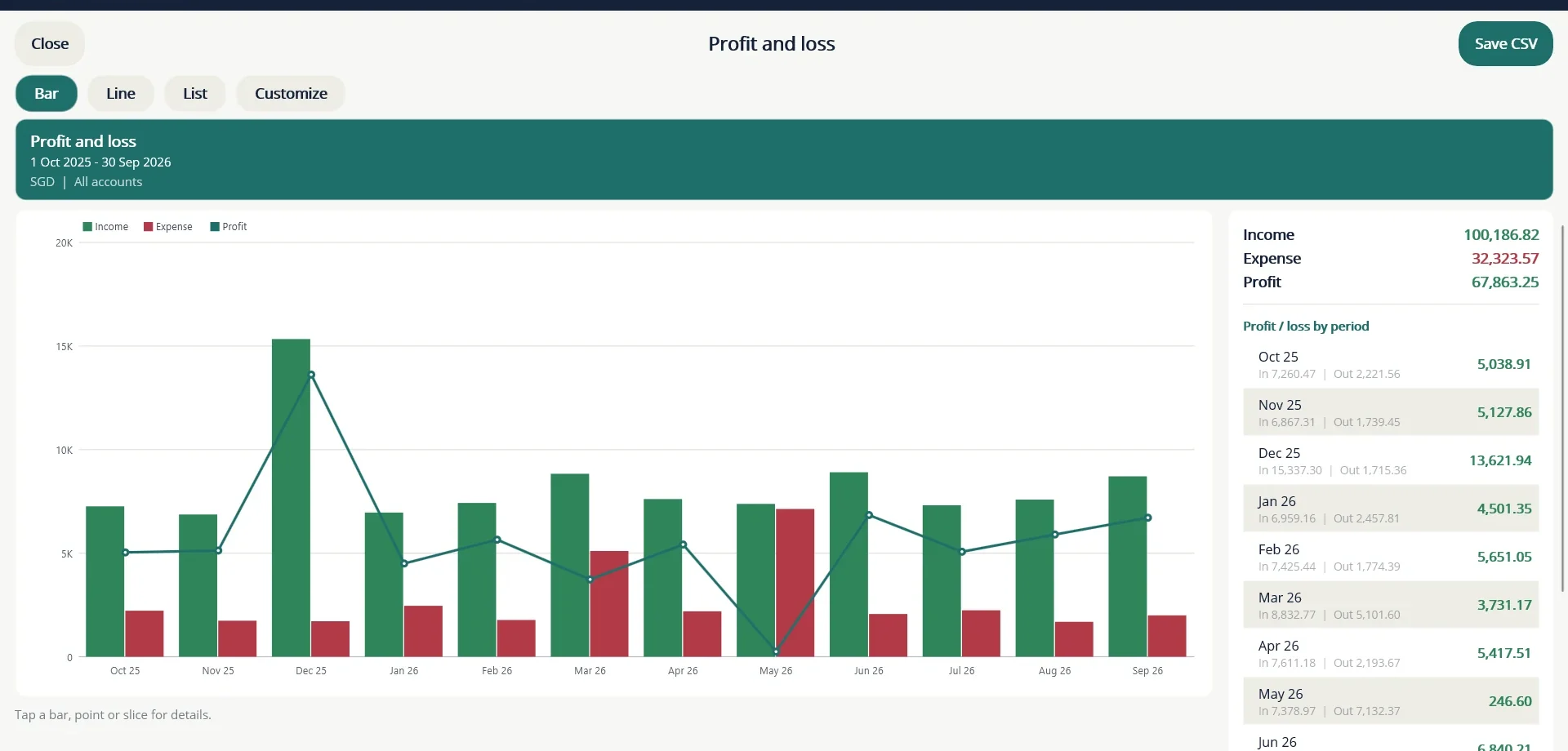 Profit and loss for twelve months: income and expense bars with the profit line, and the totals by period beside it.