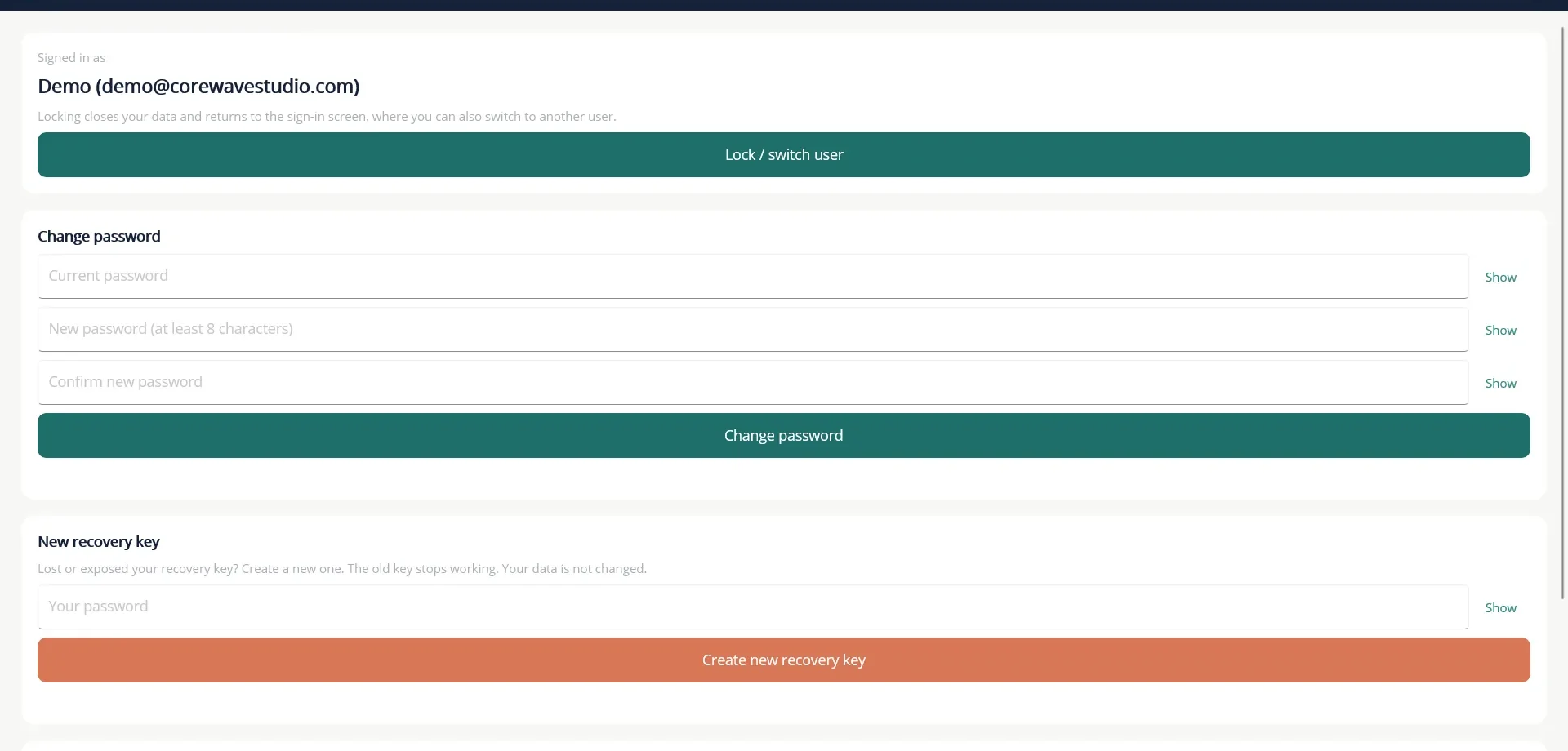 Account & Security: lock or switch user, change your password, or create a new recovery key.