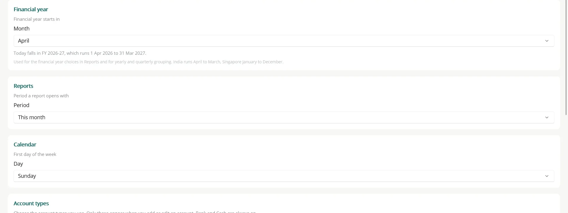 Settings: financial year, the period reports open with, and the first day of the week.