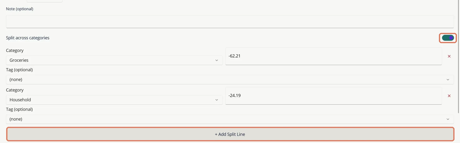 A split transaction with two lines. Each line has its own category and optional tag.