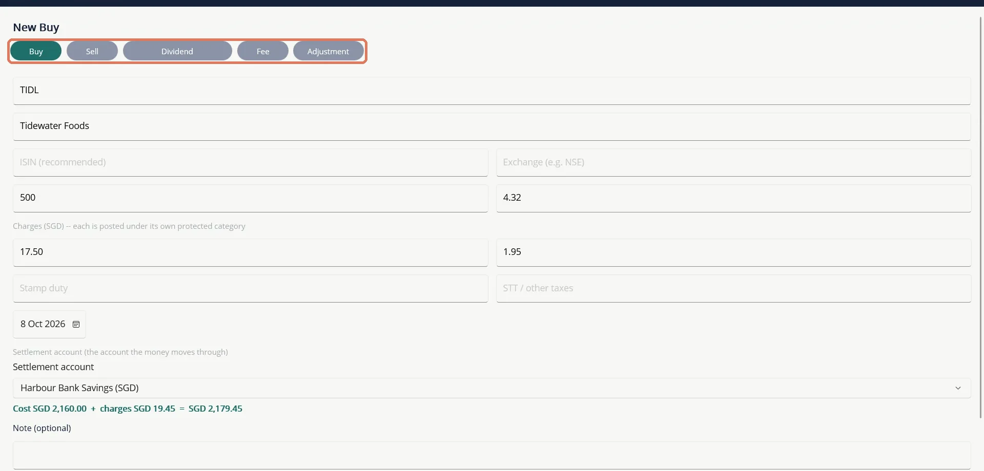 The trade form. The chips at the top switch between Buy, Sell, Dividend, Fee and Adjustment.