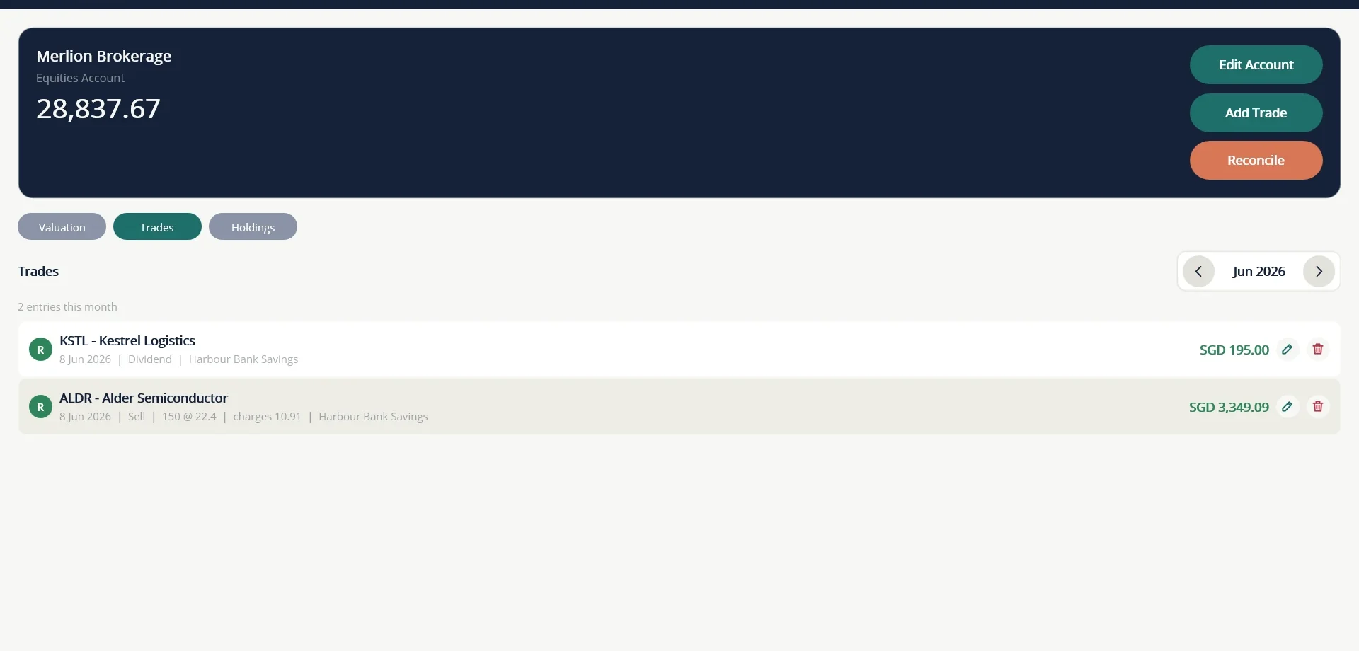 The Trades tab lists a month of buys, sells, dividends and charges. Use the arrows to change month.