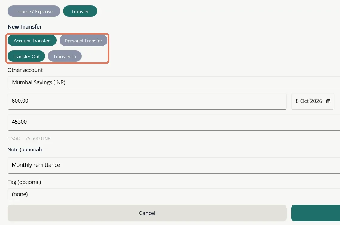 An account transfer. Switch between Account Transfer and Personal Transfer, then between Transfer Out and Transfer In.