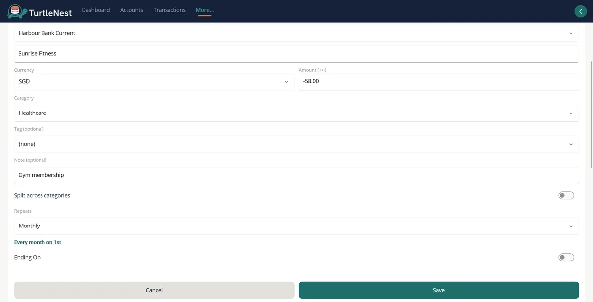 Scheduled transaction repeat settings set to monthly