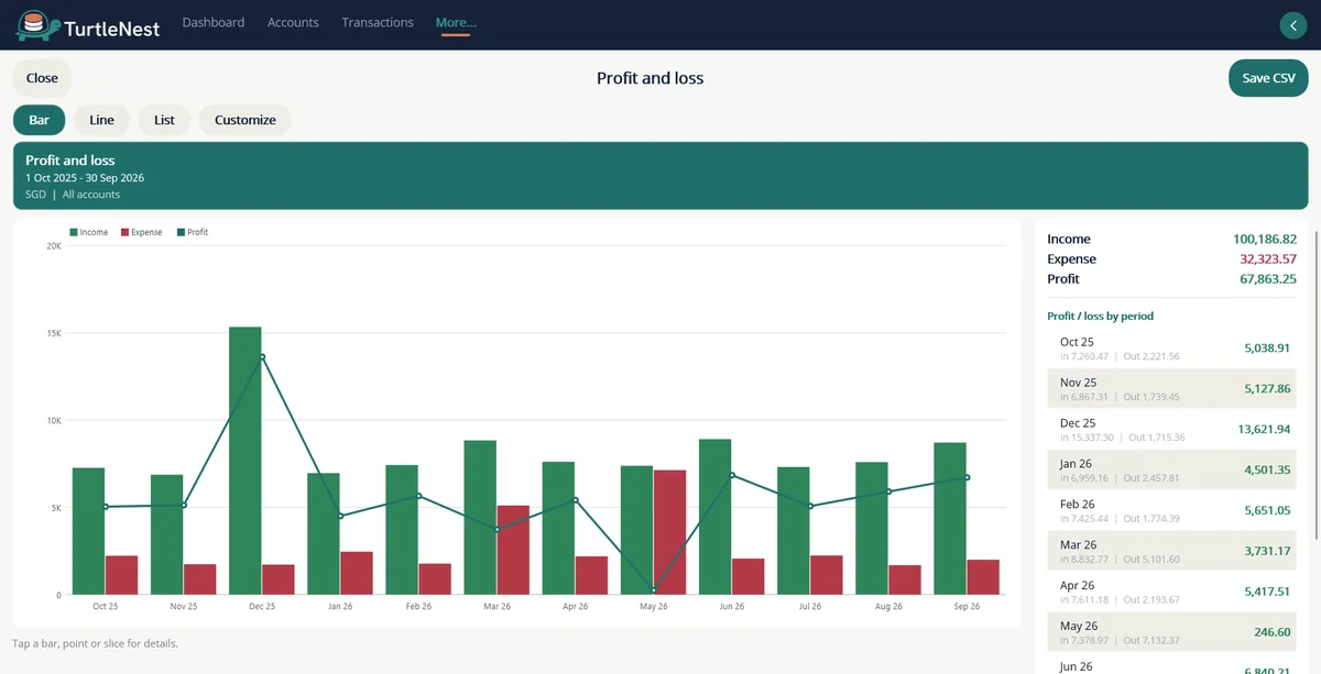 Profit and loss by month for twelve months