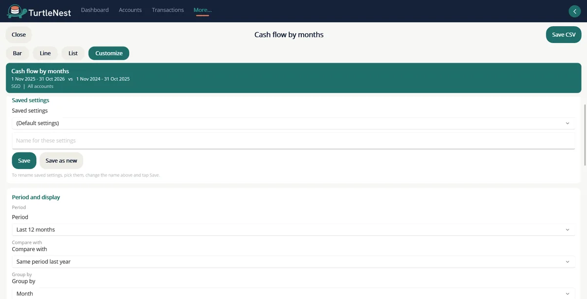 Report customize panel with period, comparison and grouping