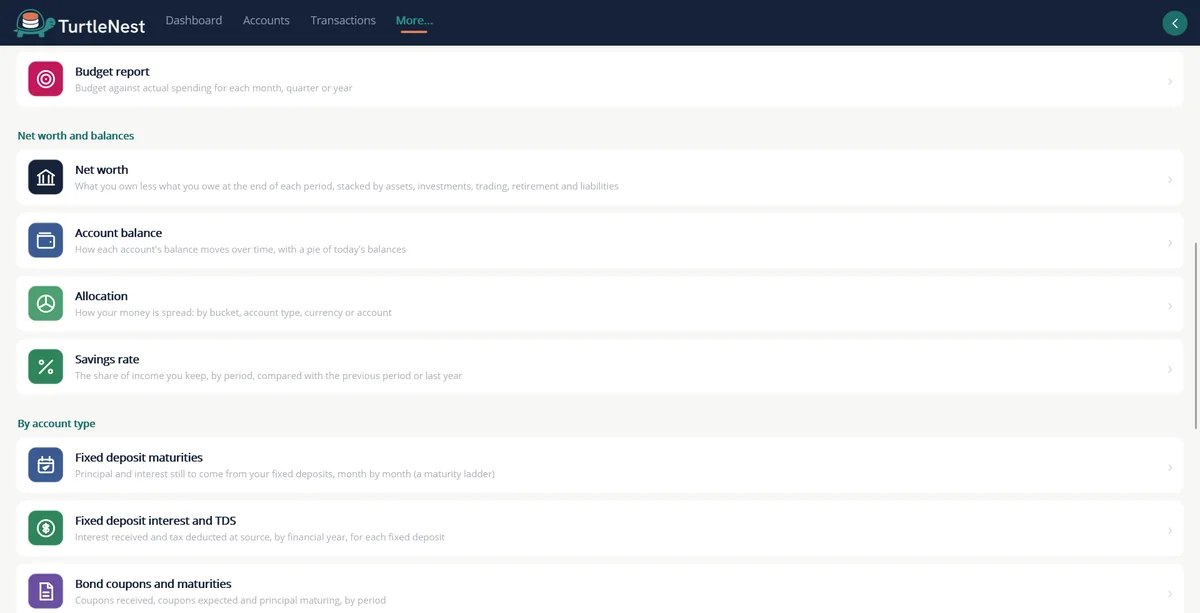 Reports home, net worth and account type sections
