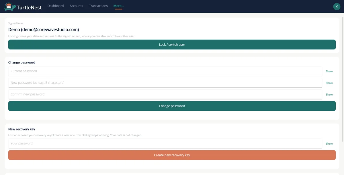 Account and security page with lock or switch user, change password and recovery key