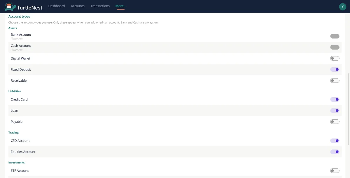 Settings page with the account types grouped by bucket