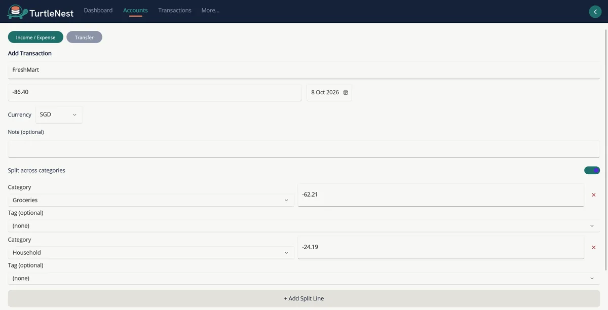 Add transaction with the amount split across two categories