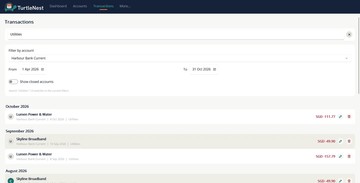 Transactions list filtered by account, dates and a search word